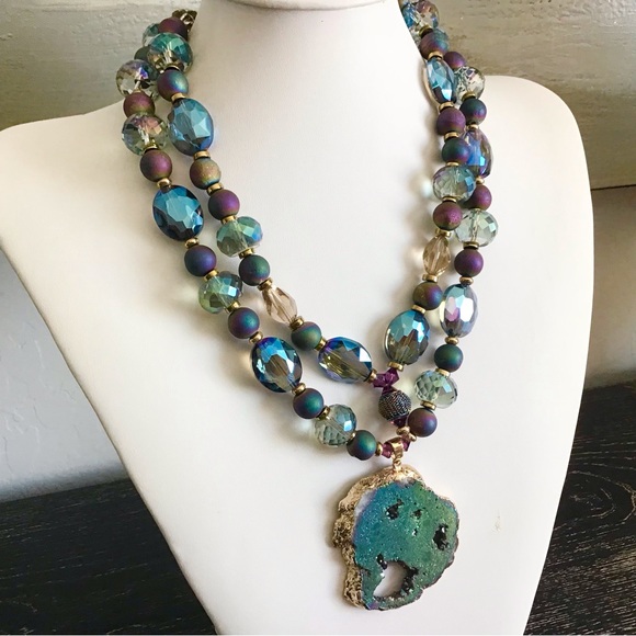 Double Strand Purple Crystals Natural Stone Druzy Pendant Necklace - Picture 4 of 10